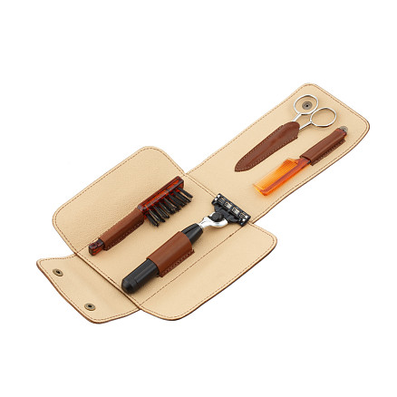 Дорожный бритвенный набор IL Ceppo в коричневом чехле: станок MACH3, ножницы, щетка, расческа