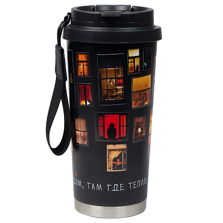 Термокружка Cosmostar металлическая Print Sample  Дом , 550 мл, черная с серебром в тубусе