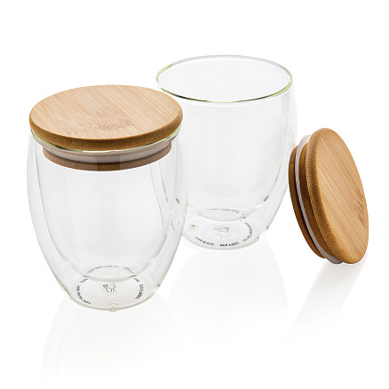 Набор стаканов из боросиликатного стекла с двойными стенками и бамбуковой крышкой, 250 мл, 2 шт.
