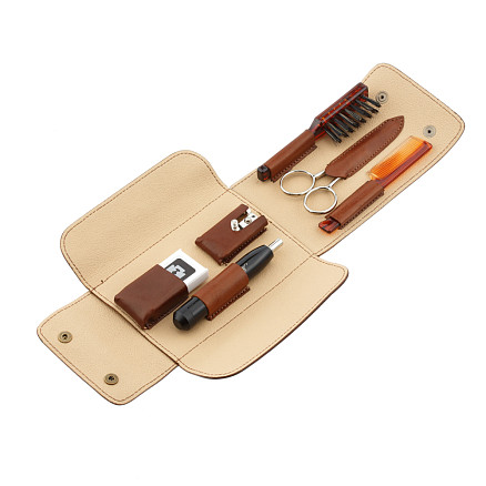 Дорожный бритвенный набор IL Ceppo в коричневом чехле: станок, лезвия, ножницы, щетка, расческа