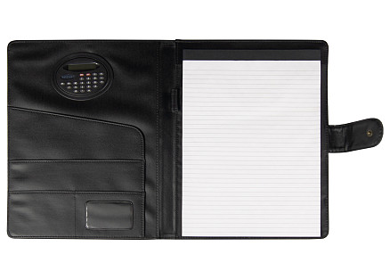 Папка-органайзер на кнопке с поворотным калькулятором и блокнотом, синяя