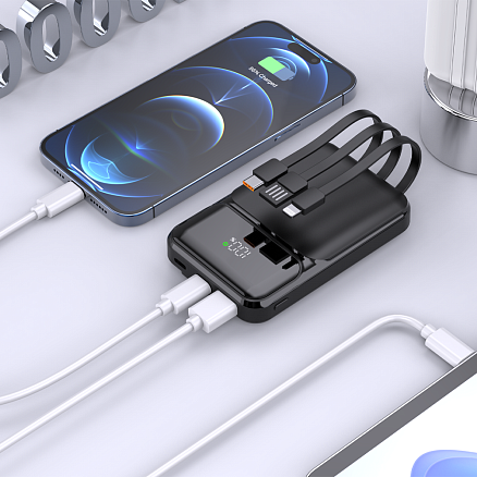 Внешний аккумулятор (powerbank) «Lumen», софт тач, 10 000 mAH, с тремя зарядными шнурами, 22,5W super fast charge, Power Delivery (PD) 20W (dfnn), QC3.0, черный