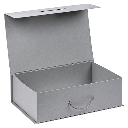 Подарочная коробка, размер 39*26,3*11 см, Solution Prestige Big Case Linen с магнитным клапаном и ручкой , с EVA ложементом 36,8*25,1*4 см под индивидуальную вырубку, серебристая, 