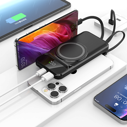 Внешний аккумулятор (powerbank) «Nova», 10 000 mAH, с тремя зарядными шнурами, c беспроводным магнитным контактом magsafe до 15W, 22,5W (Ватт) super fast charge, Power Delivery (PD) 20W (dfnn), QC3.0, черный