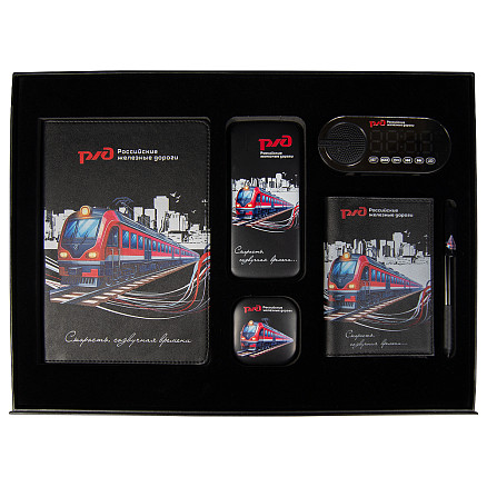 Набор подарочный Solution Prestige Sei Print Sample  Железные дороги  (Ежедневник, беспроводной аккумулятор, зарядный кабель, колонка, ручка, обложка для паспорта), черный