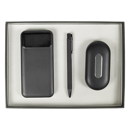 Набор подарочный Solution Prestige Trio ( внешний беспроводной аккумулятор, наушники, ручка), черный