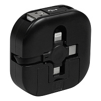 Кабель зарядный выдвижной USB Wingle 3-в-1 на Lightning, Micro-USB, Type-C «U50» 2,4 A, Quick Charge с подставкой для телефона, квадратный, черный