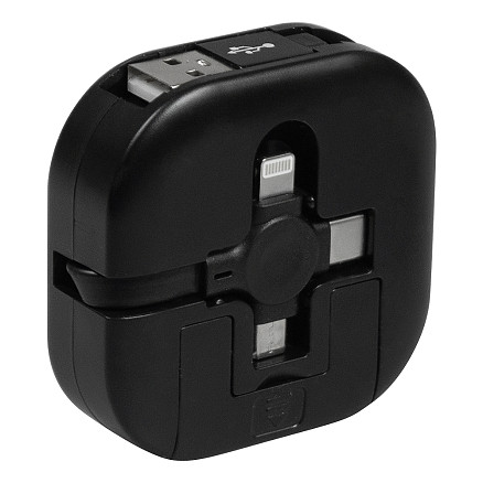 Кабель зарядный выдвижной USB Wingle 3-в-1 на Lightning, Micro-USB, Type-C «U50» 2,4 A, Quick Charge с подставкой для телефона, квадратный, черный