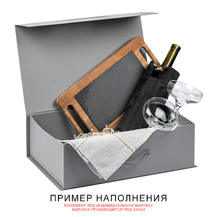 Подарочная коробка, размер 39*26,3*11 см, Solution Prestige Big Case Linen с магнитным клапаном и ручкой , с EVA ложементом 36,8*25,1*4 см под индивидуальную вырубку, серебристая, 