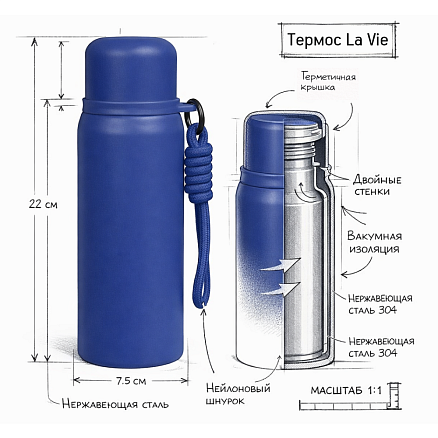 Термос вакуумный стальной La Vie с ремувкой  двухстеночный 500 мл матовый в подарочной упаковке, зеленый