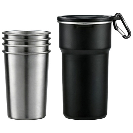 Набор походный стальных стаканов из нержавеющей стали 4 в 1, 200 мл, Altai, с карабином, черный