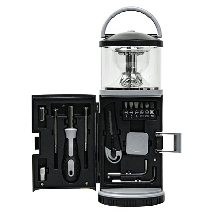 Набор инструментов Tools lantern cо встроенной лампой , 15 инструментов,  черный, в пластиковом футляре
